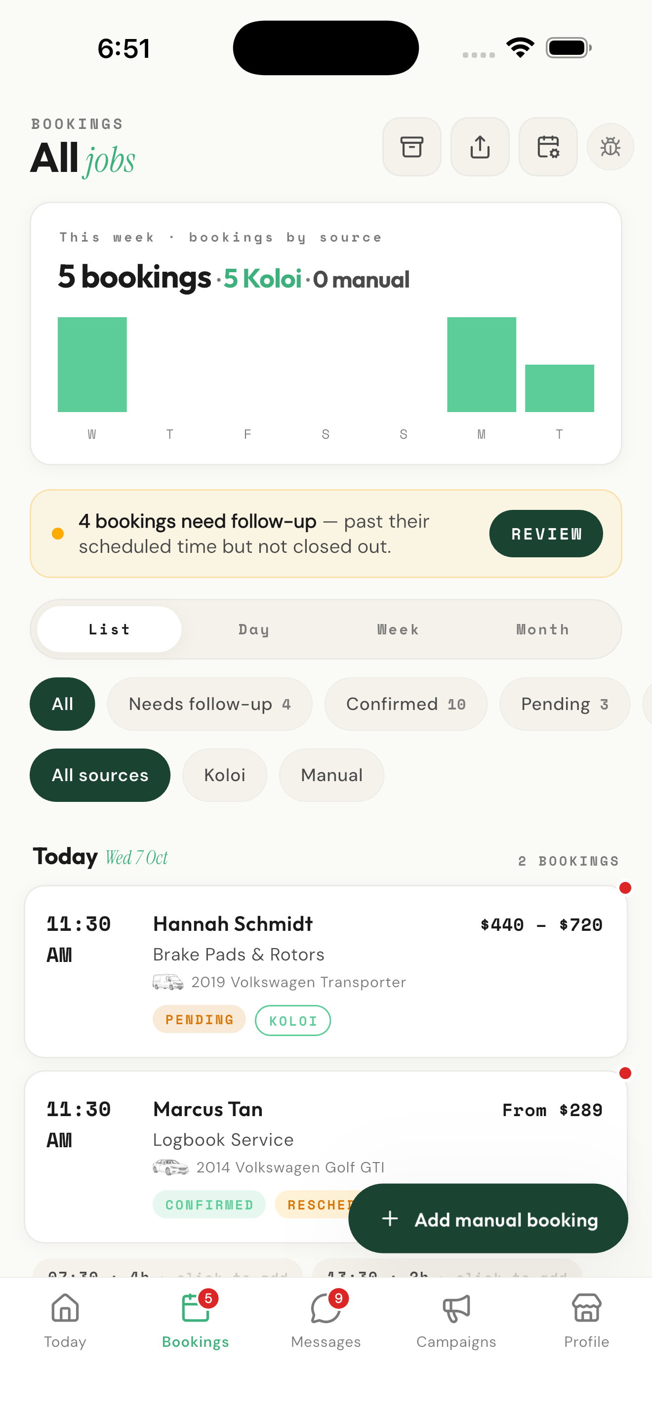 Bookings in the Koloi business app