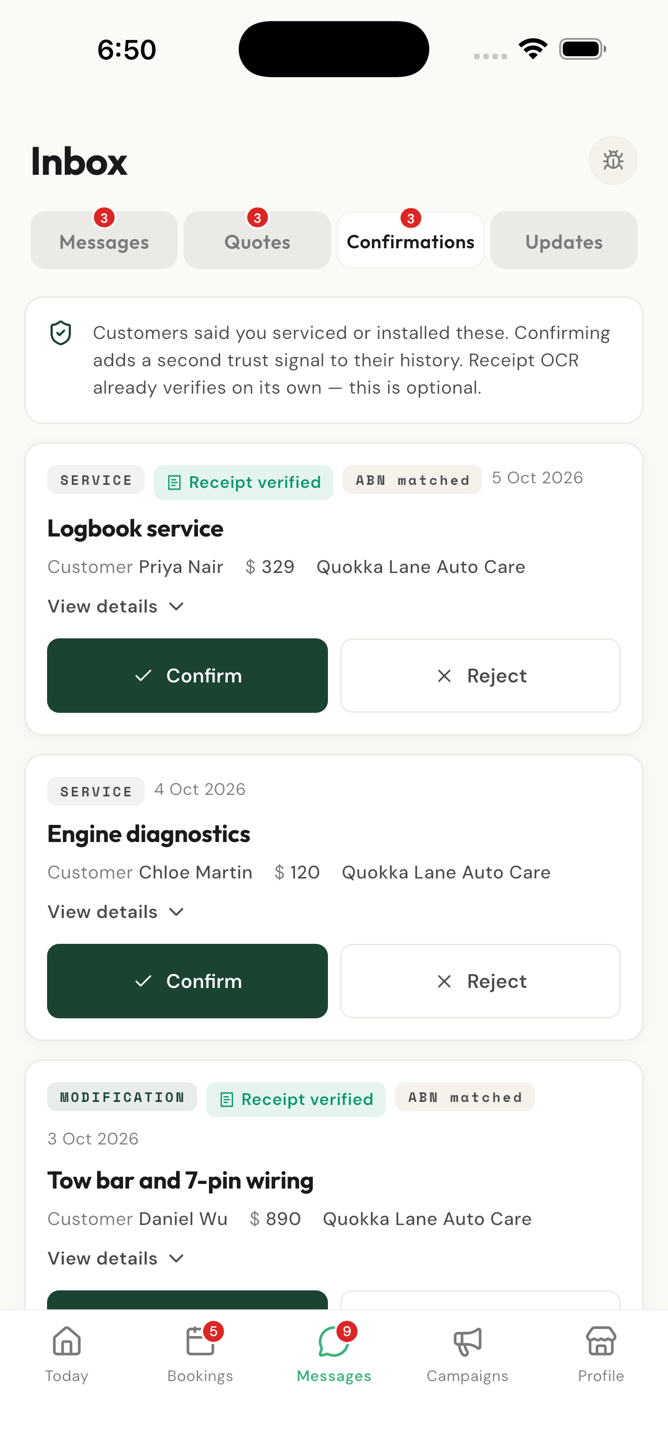 Customer records waiting for the workshop to confirm, in the Koloi business app