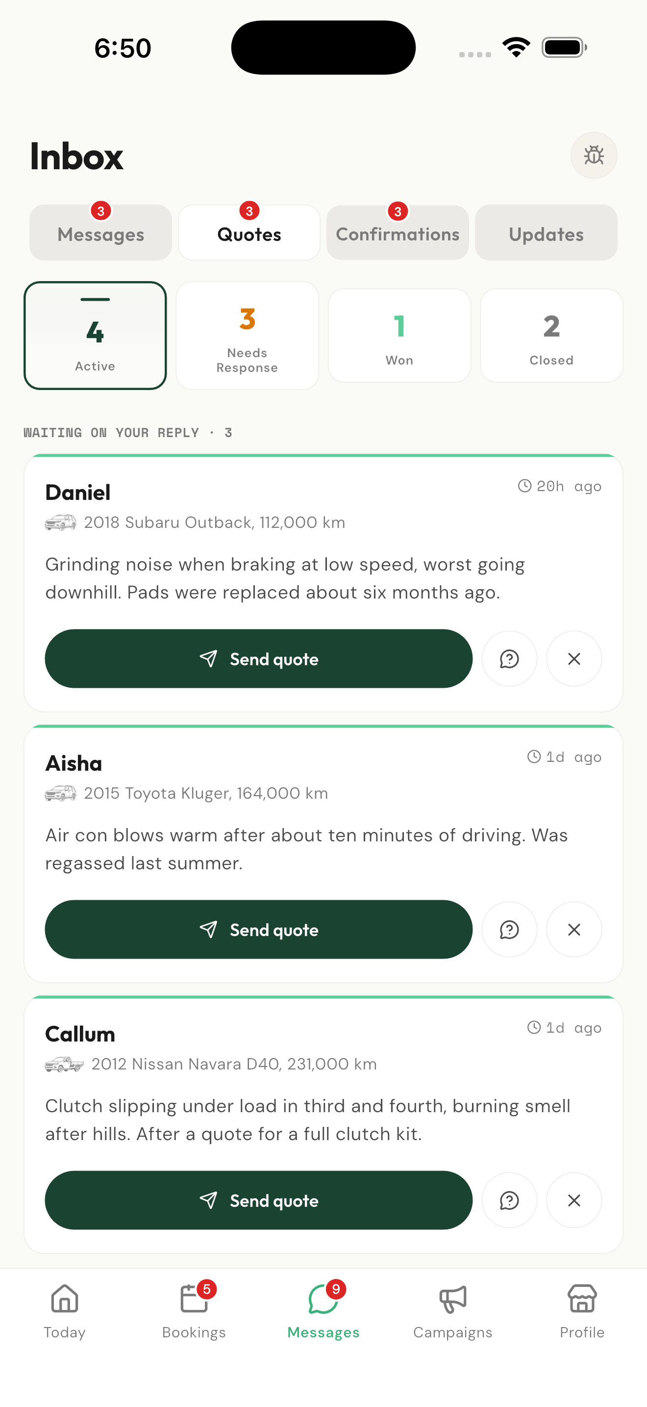 Quote requests in the Koloi business app