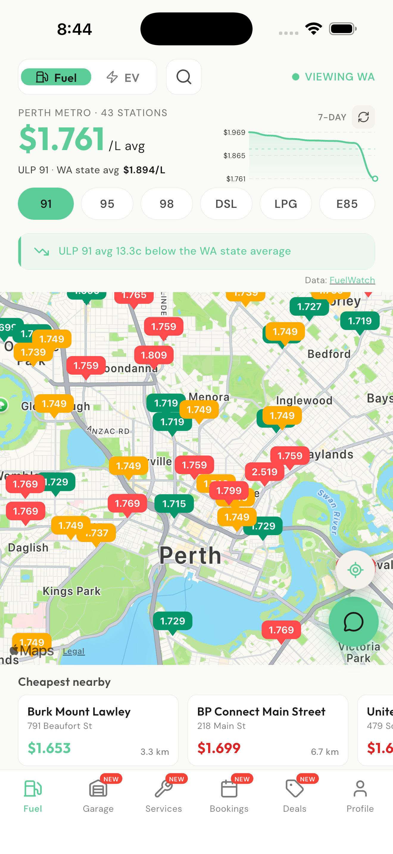 Koloi fuel price map — live prices across Perth