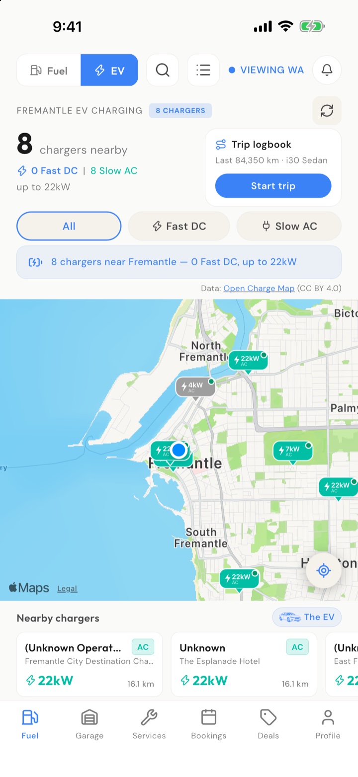 Koloi EV charger map, Fremantle