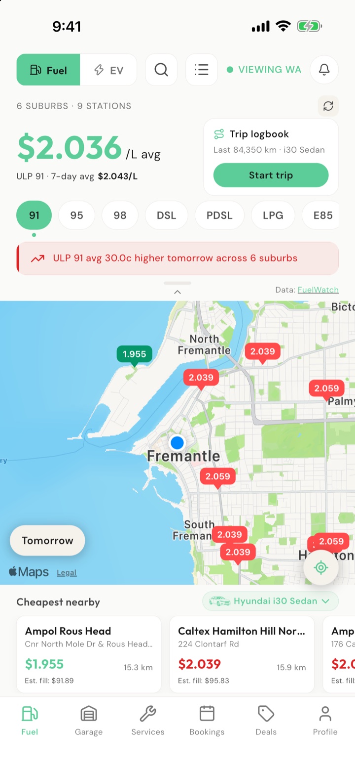 Koloi fuel dashboard: Fremantle ULP 91 average, station prices on the map and cheapest nearby